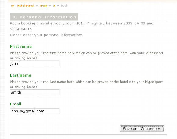 booking system : personal information